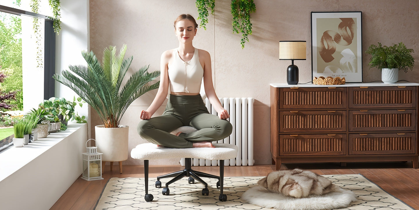 Cross-Legged Meditation Chair with Wheels – Height Adjustable ADHD Chair, Ergonomic Crescent Back Support, Memory Foam Seat, 360° Swivel, Teddy Fleece & Faux Leather in 4 Colors