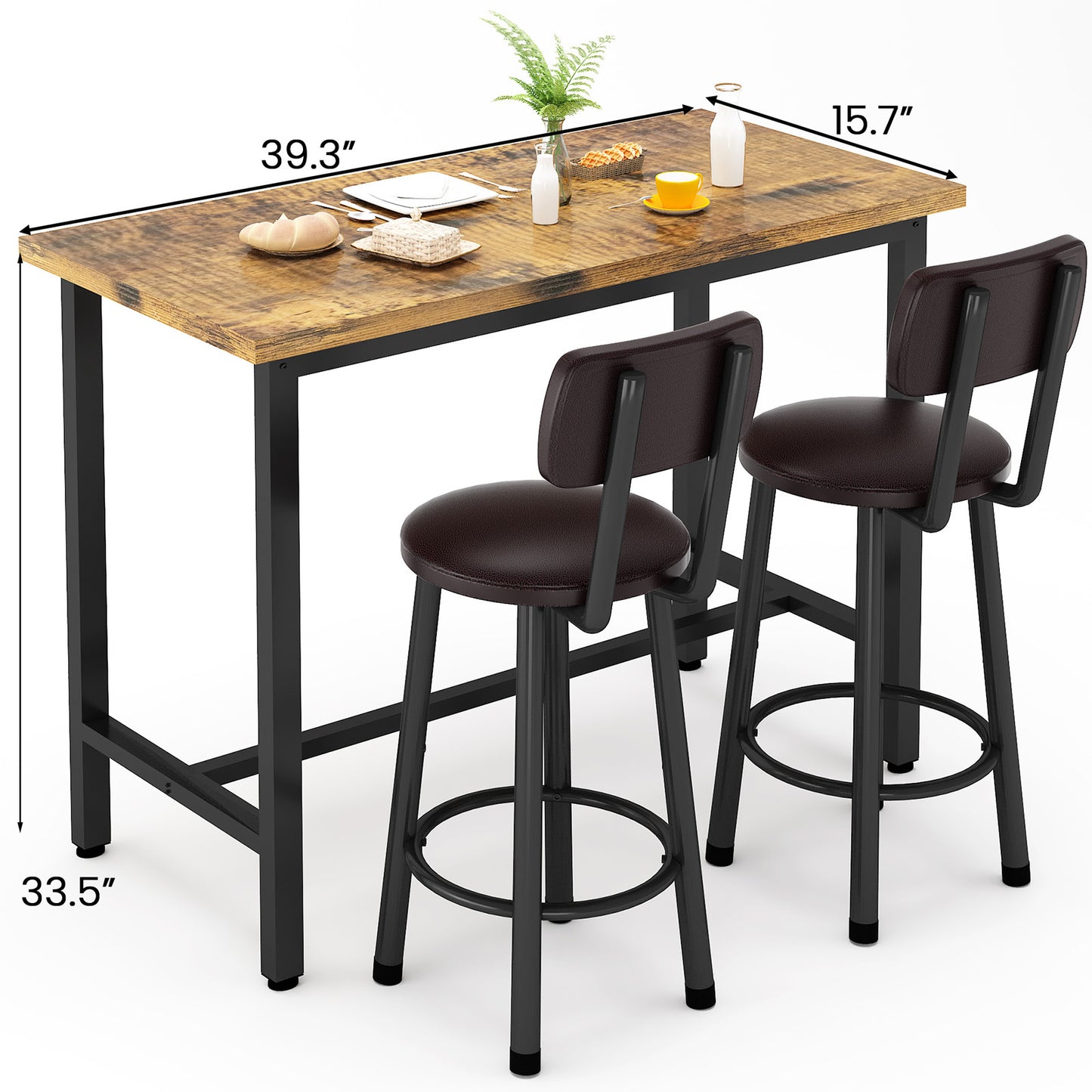 3-Piece Pub Dining Set for 2, Rustic Brown Counter Height Table with Wood Top and 2 Stools, Small Kitchen Table Set for Breakfast Nook, Apartment, Living Room or Bar