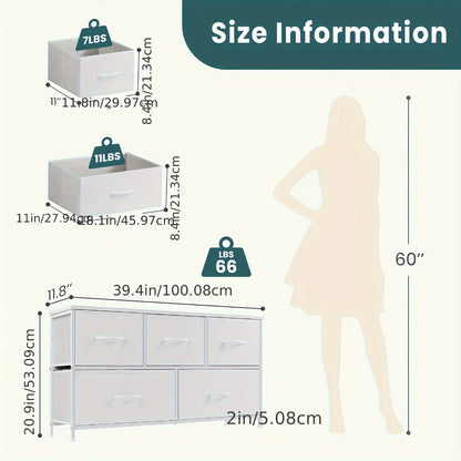 5-Drawer Dresser with Fabric Drawers & Cabinet Suitable for Bedroom, Room with Plastic Frame & Top, Low Chest Organizer Unit with Removable Bins, Space-Saving Furniture for Closet,, Hallway, Assembly
