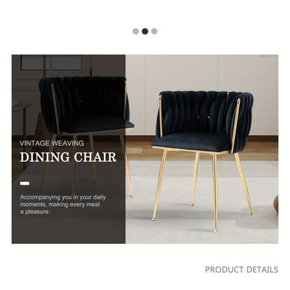 Velvet Dining Chairs Set of 2, Accent Chairs With Golden Metal Legs, Woven Upholstered, For Living Room/Bedroom/Kitchen