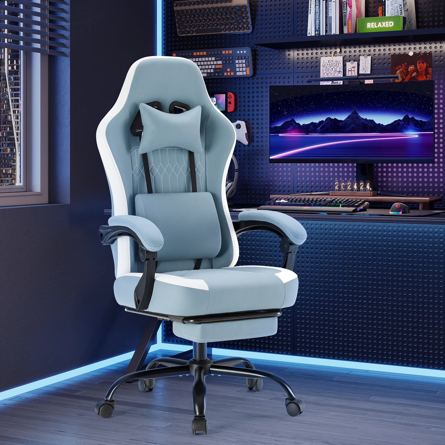 Computer Game Chair - Ergonomic Office Chair with Foot and Lumbar Support, Height Adjustable Work Chair, Headrests, Armrests, and Rollers