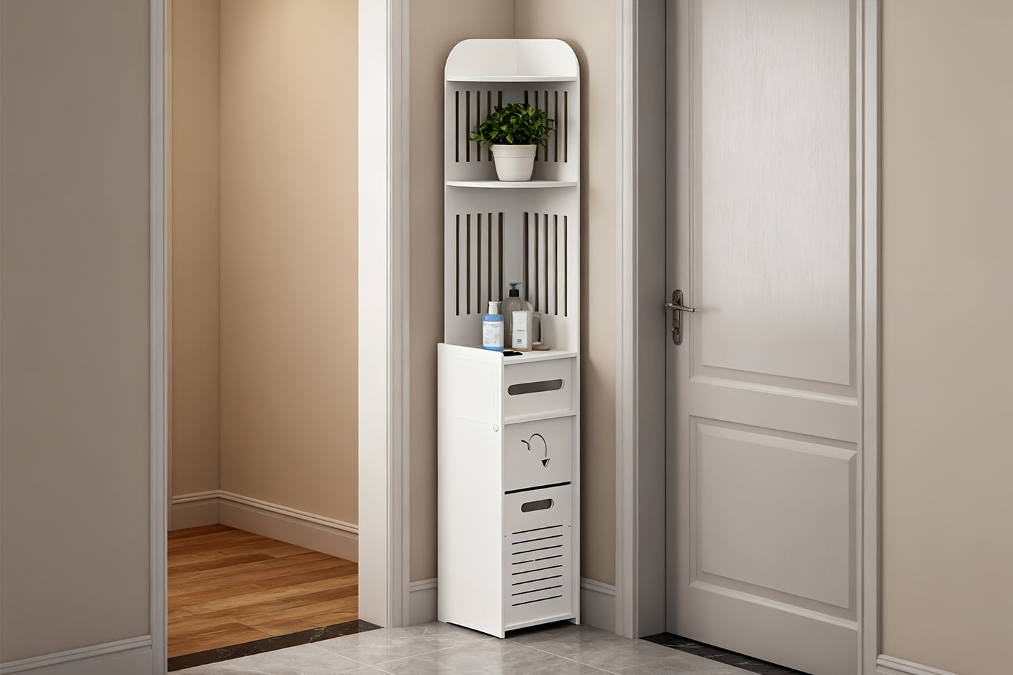 Space-Saving Bathroom Cabinet, 1pc Waterproof Multifunctional Corner Bathroom Storage Cabinet, Freestanding Narrow Space-Saving Organizer with Toilet Paper Holder Stand, Holiday Gift And Home Accessory, Toiletry Organization, Easy Assembly