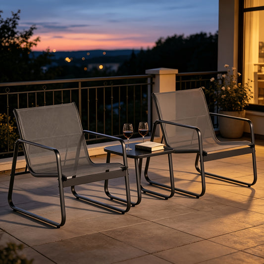 Patio Chairs Set of 3, Patio Furniture Set with Metal Frame Glass Table, Outdoor Chairs Set of 3 for Balcony, Bistro Table And Chairs Set for Lawn, (Black, Gray)