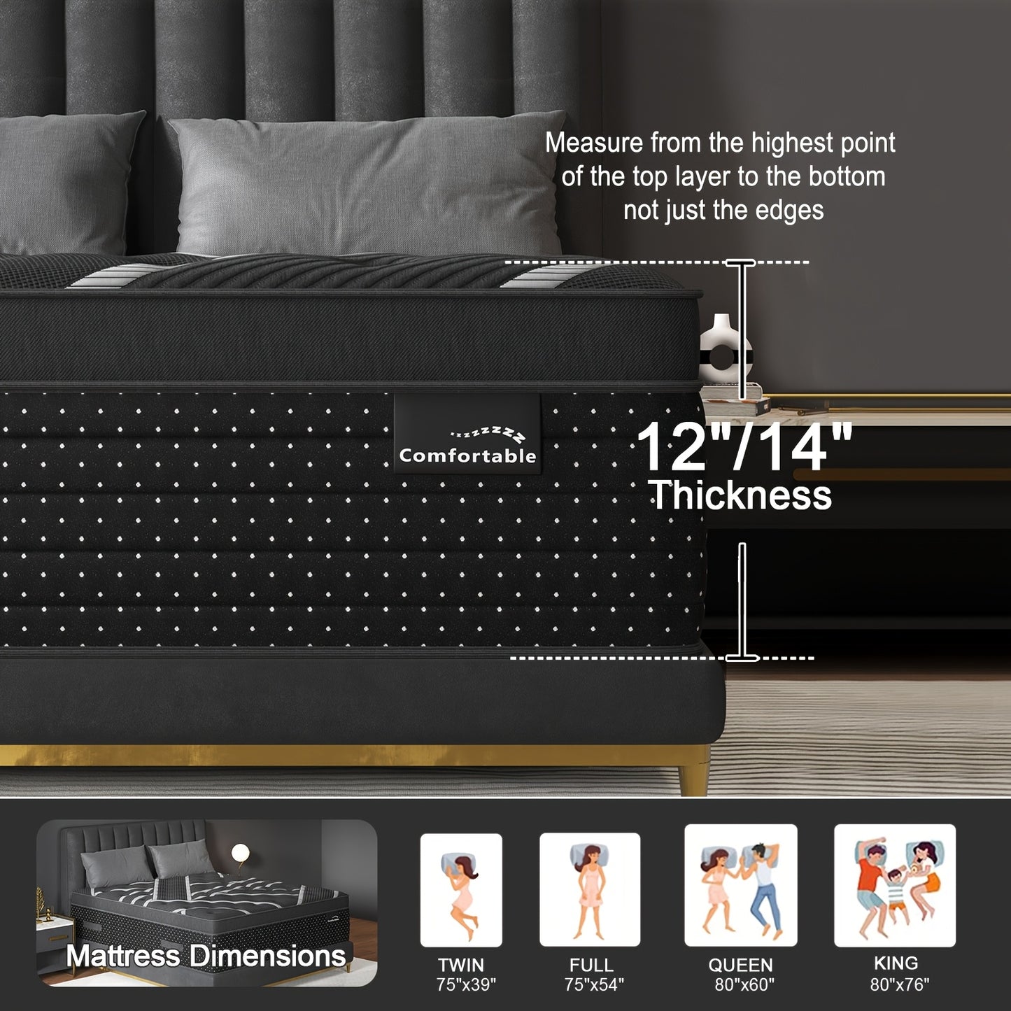 12/14 Inch Gel Memory Foam Hybrid Mattress Twin Full Queen King Sizes Mattress Bed In A Box, Euro Top Medium Firm for Back & Lumbar Support, Individual Pocket Spring Bed for Motion Isolation & Fiberglass Free