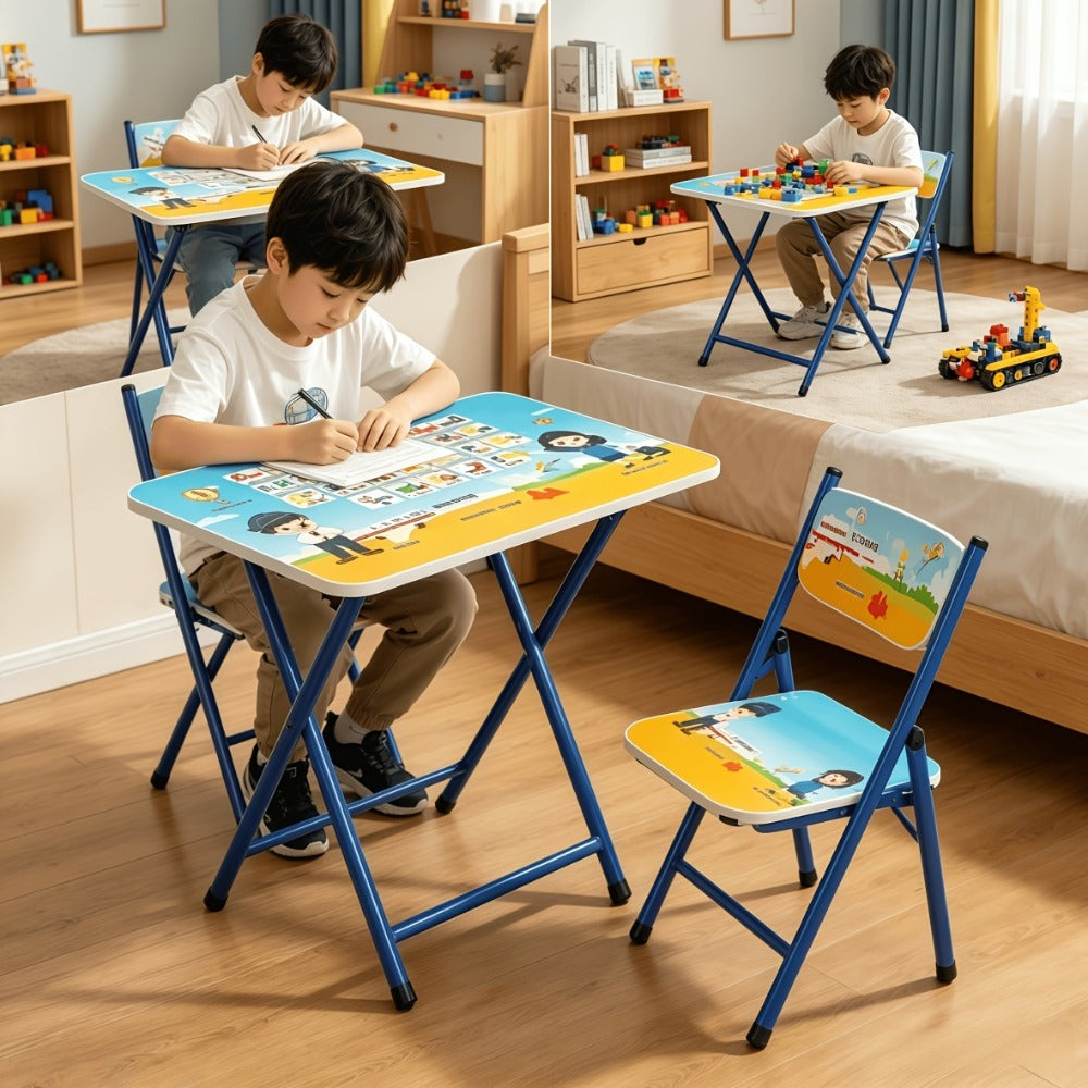 Foldable Kids Table & Chair Set with Cute Pattern, Sturdy Metal Frame Children's Desk for Writing, Drawing & Playtime