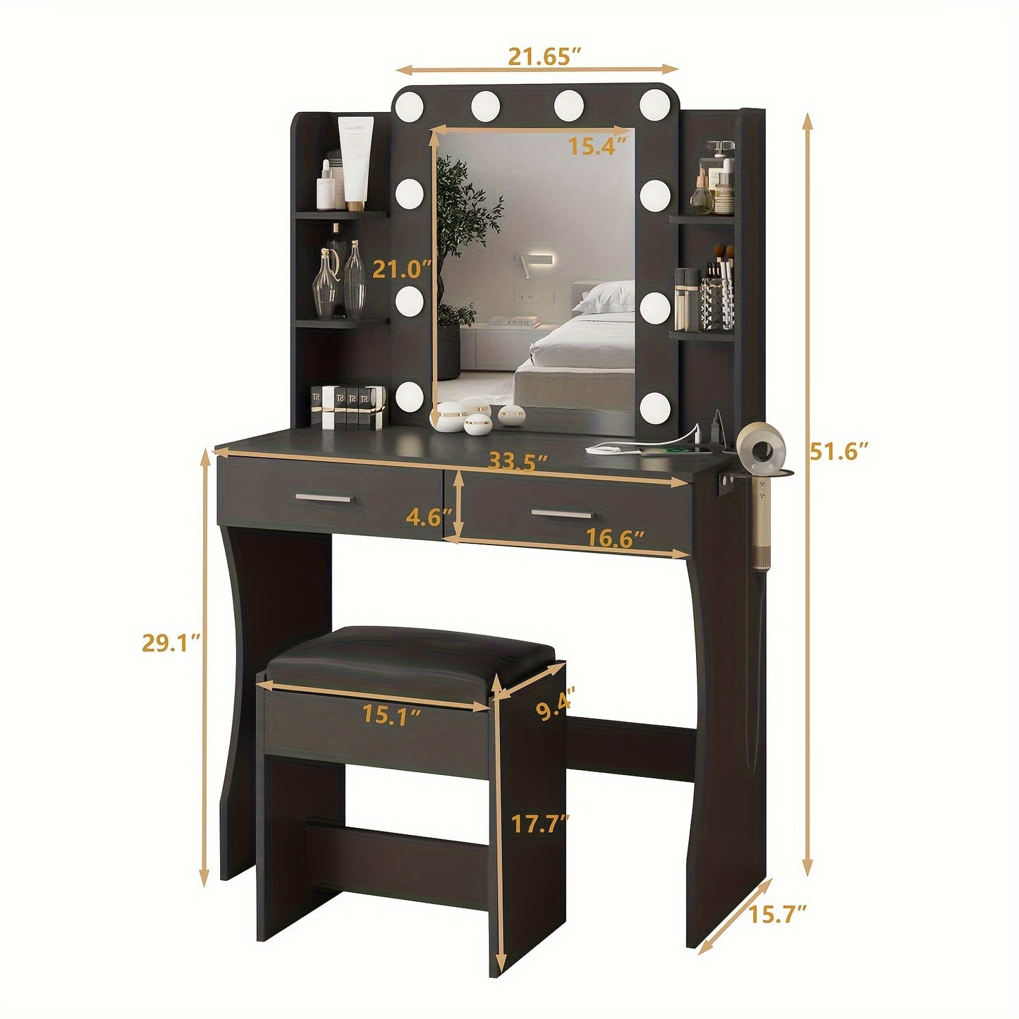 [LED Vanity Desk] Vanity Desk With LED Lighted Mirror & 10+ Strip, 6-Drawer Makeup Dressing Table With Stool Suitable For Bedroom,, Plug-And-Play Assembly, Modern For Room, Dorm, Beauty Salon