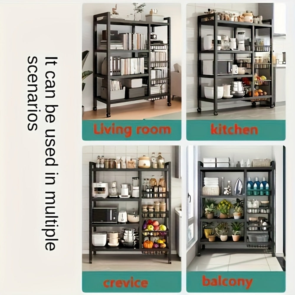 Rolling Metal Storage Rack with Wire Baskets, Adjustable Mobile Kitchen Storage Cart on Wheels, Multifunctional Food & Pantry Organizer for Kitchen, Bathroom & Pantry, Space-Saving Design