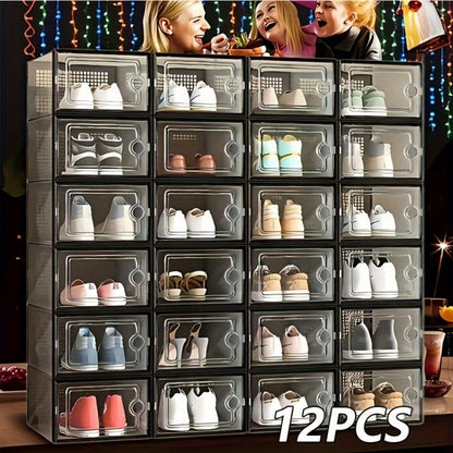 Clear Stackable Shoe Storage Boxes with Flip Top Lid, Foldable Plastic Shoe Organizer for Closet, Sneaker Container Bins – 6/10/12/24 Pack, Black or White