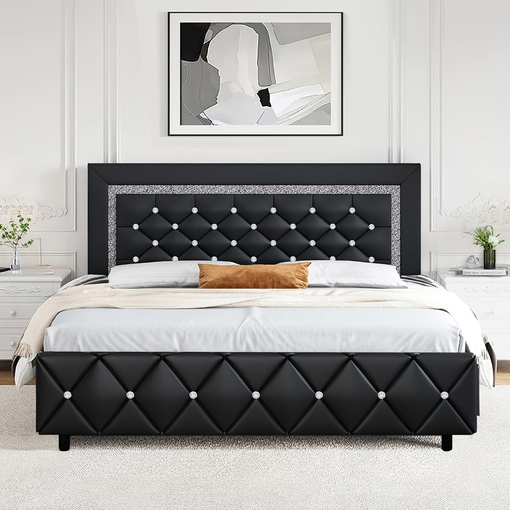 Upholstered Bed Frame with Diamond Tufted Headboard, Faux Leather Headboard and Footboard, Wooden Slat Support, No Box Spring Needed, Easy Assembly, Twin Full Queen King, Black