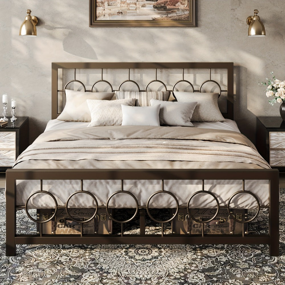 Metal Platform Bed Frame with Vintage Circular Design Headboard and Footboard Under Bed Storage No Box Spring Twin Full Queen King Black Brown