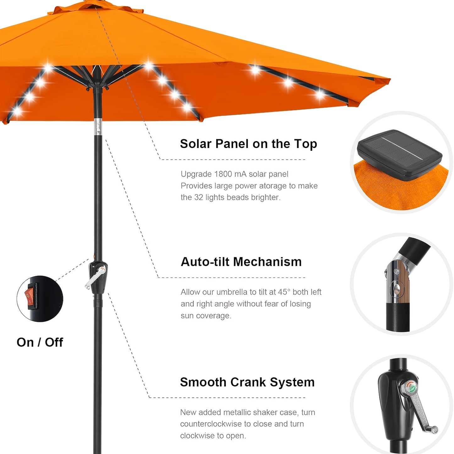 9ft Solar-Powered LED Patio Umbrella, Durable Outdoor Market Table Umbrella, Ventilated Sunshade with Push-Button Tilt, 32 LED Lights, UV Protection, Suitable for Gardens, Pools, Patios, and Yards. Base Not Included