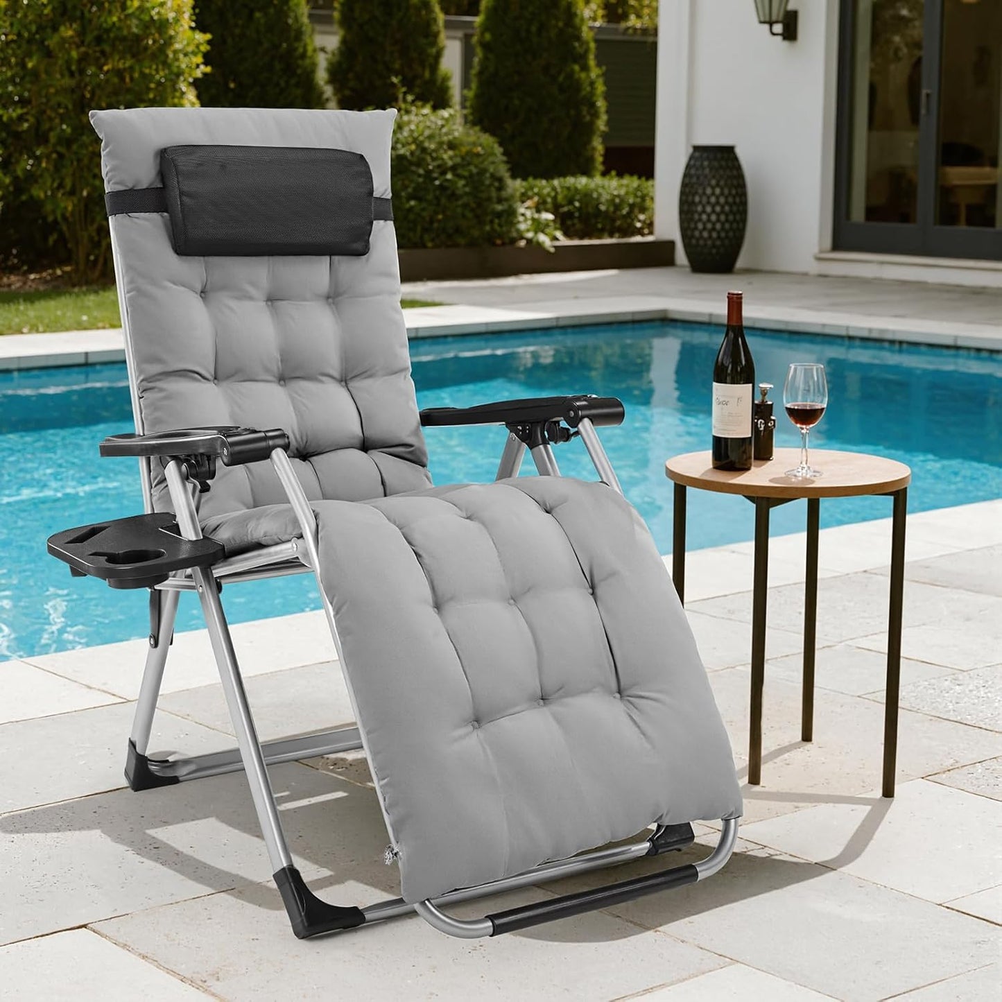 [Indoor/Outdoor Recliner] Zero Gravity Recliner, Foldable Headrests, Recliner With Cup Holder Tray And Detachable Cushion, Indoor/Outdoor Foldable Recliner, Black/Gray