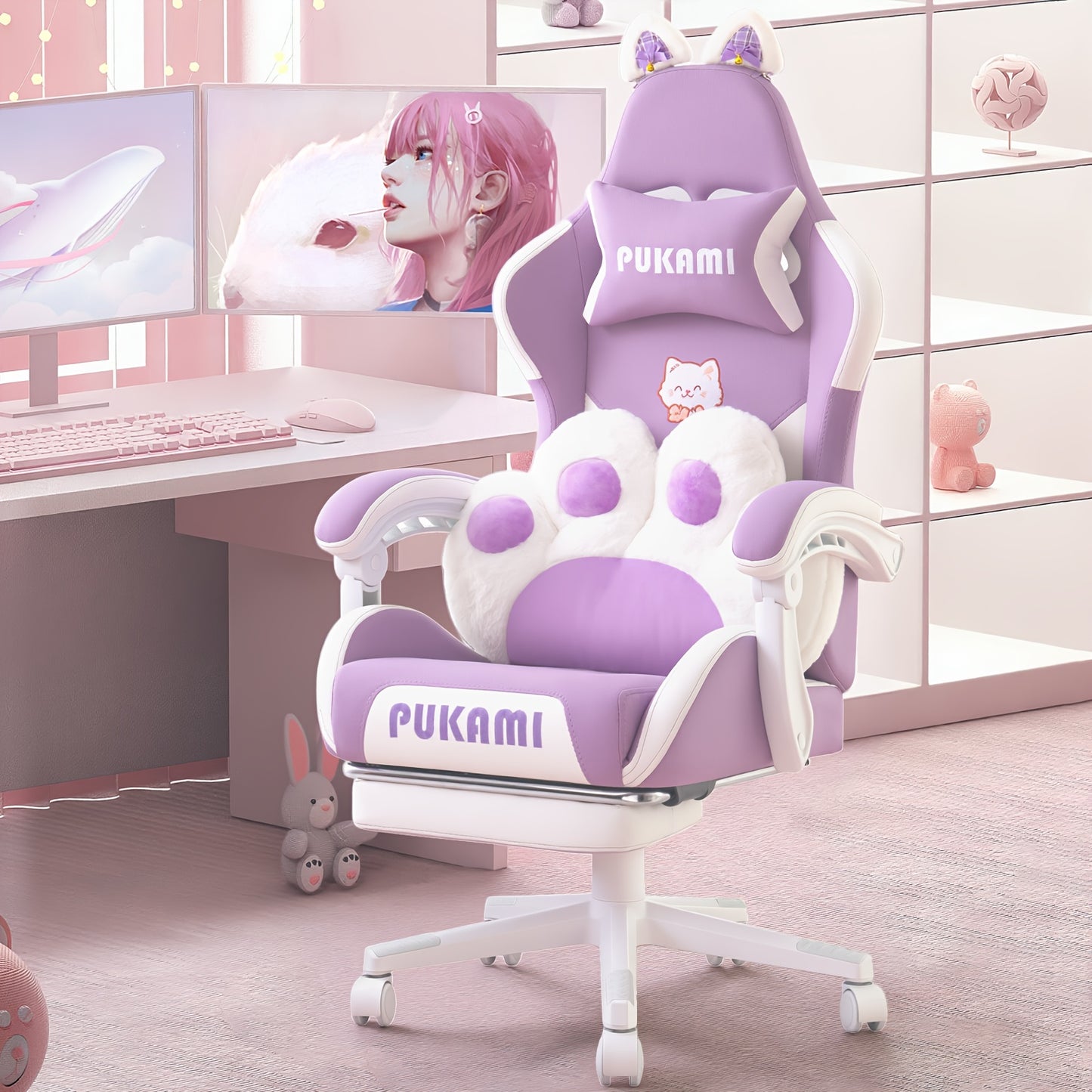 Gaming Chair with Cat Ears And Cat Paw Cushion Pillow, Cute Computer Chair for Girl with Footrest, Ergonomic Gamer Chair, Kawaii Gaming Chair, Reclining Game