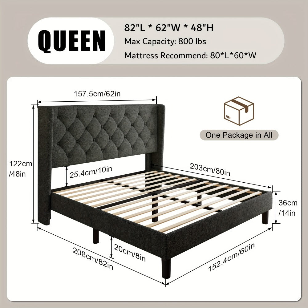 Modern Platform Bed Frame with 24-Inch Button-Tufted Headboard – Solid Wood Slats, Artistic Legs, Linen & Velvet, Dark Gray Light Grey Beige White Black, Full Queen King