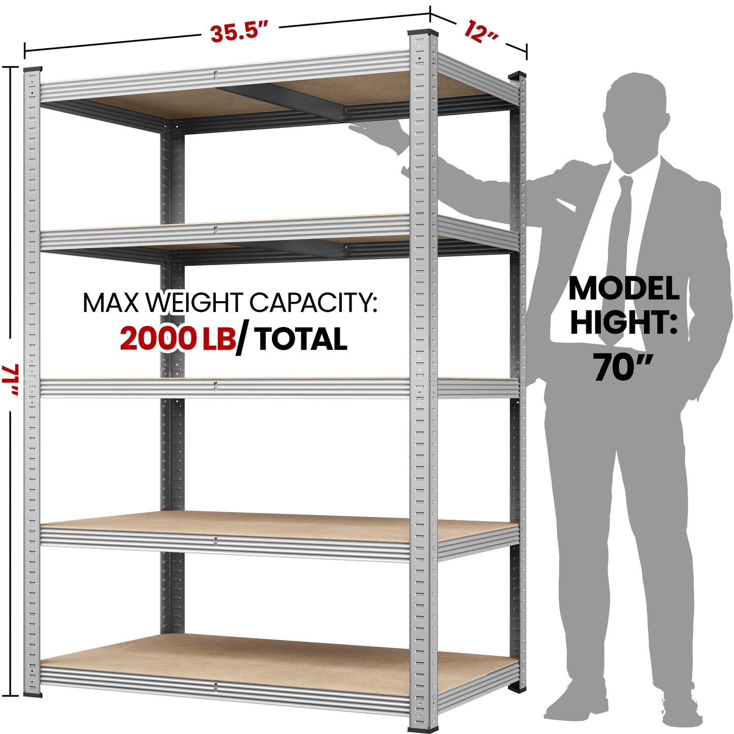 Costoffs 2pcs 5-Tier Metal Storage Shelving Units, Adjustable Utility Racks Organizer for Garage, Living Room, Kitchen, 2000 LB Weight Capacity, Anti-Tip Design, Silver/Black