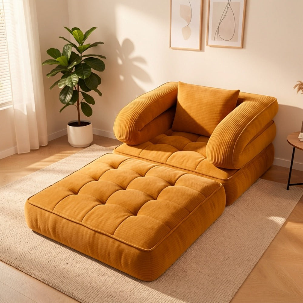 Convertible Sofa Bed No Assembly Required, Multi-Position High-Density Sponge Corduroy Sofa for Small Spaces Bedroom Apartment RV, Lazy Lounger Movie Sofa