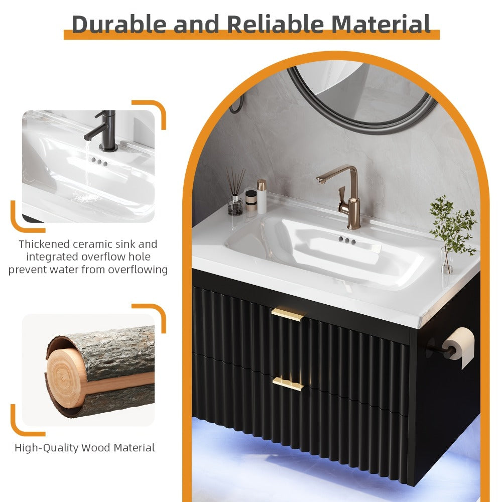 24" 2pcs/1pc Bathroom Vanity with Sink, 24" Floating Bathroom Vanity with LED, 24" with 3-Hole Ceramic Vanity Sink, Wave Line Design, 2pcs Soft-Close Drawers, Wall-Mounted Cabinet for Small Spaces, Black/White