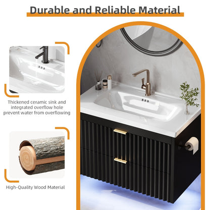 24" 2pcs/1pc Bathroom Vanity with Sink, 24" Floating Bathroom Vanity with LED, 24" with 3-Hole Ceramic Vanity Sink, Wave Line Design, 2pcs Soft-Close Drawers, Wall-Mounted Cabinet for Small Spaces, Black/White
