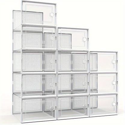 Stackable Shoe Organizer Boxes Clear Plastic with Lid 12/24 Pack, Interlocking Collapsible Shoe Containers for Closet Sneaker Storage, Drop Front Shoe Box in Black White Gray