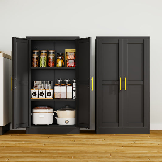 Utility Two Doors Modern Metal Storage Freestanding Cabinet with Adjustable Foot, Kitchen Pantry Sideboard Cabinet with 3 Adjustable Shelves for Kitchen, Laundry Room, Bathroom, Living Room and Dinning Room