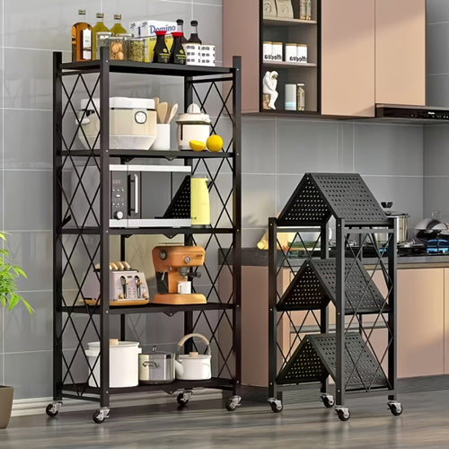Heavy-Duty Foldable Storage Shelf with Wheels – 3, 4 or 5 Tier Black Metal Shelving Unit, No Assembly Required, Space-Saving Rack for Living Room, Kitchen, Garage & Office