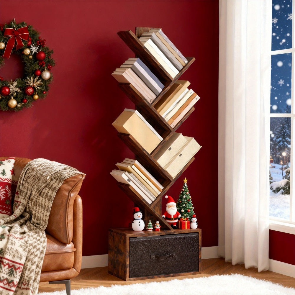 6-Tier Tree Shaped Bookshelf with Drawer – Rustic Brown Wood Book Storage Shelf for Living Room, Bedroom & Home Decor, Freestanding Display Organizer for Books, CDs & Movies