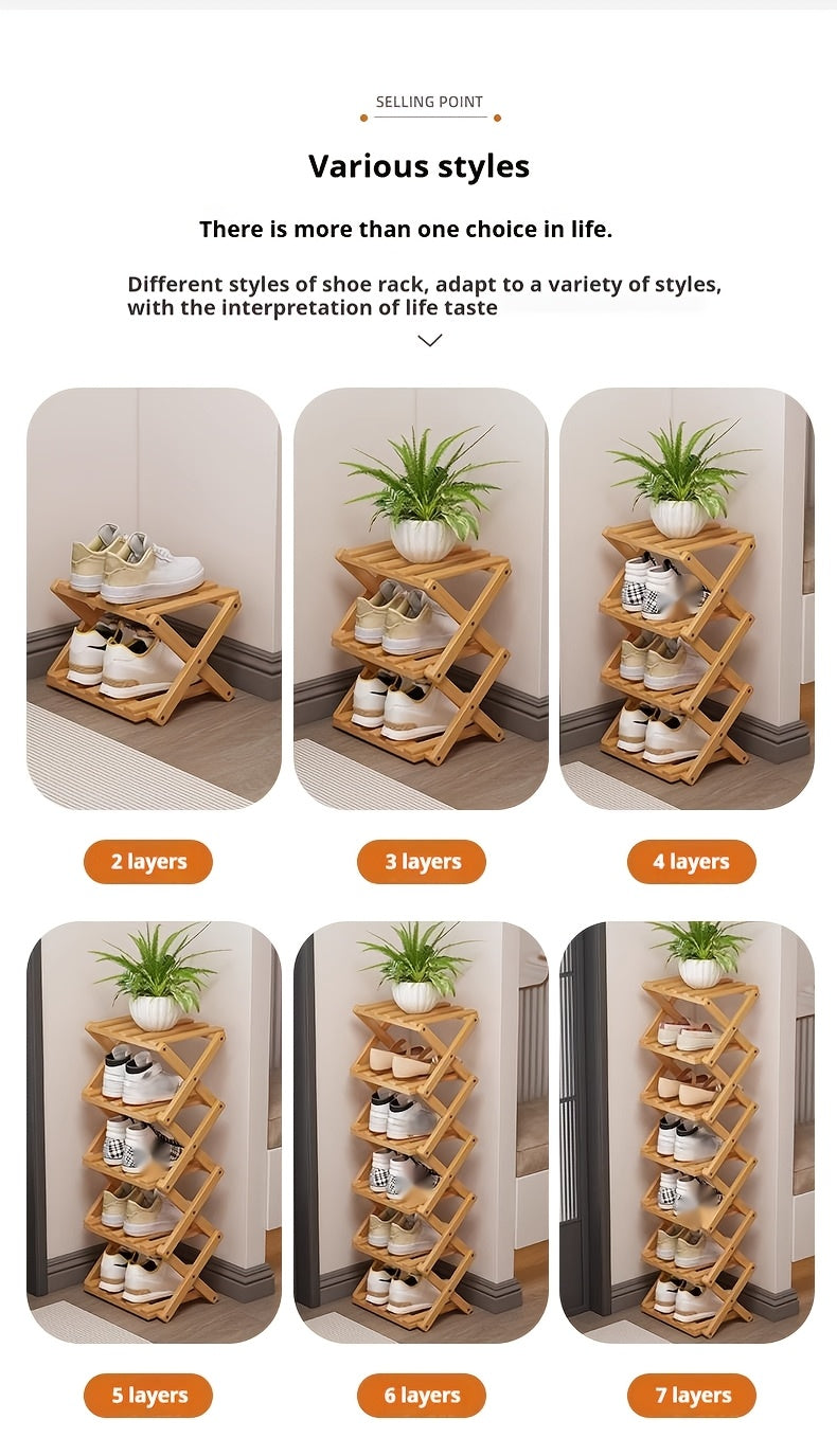 A Foldable Bamboo Shoe Rack, Crafted from High-quality Mountain Bamboo. Available in Multiple Tier Configurations. Sets up and Is Ready to Use Within 20 Seconds. Perfect for Small Spaces Near Home Entrances!