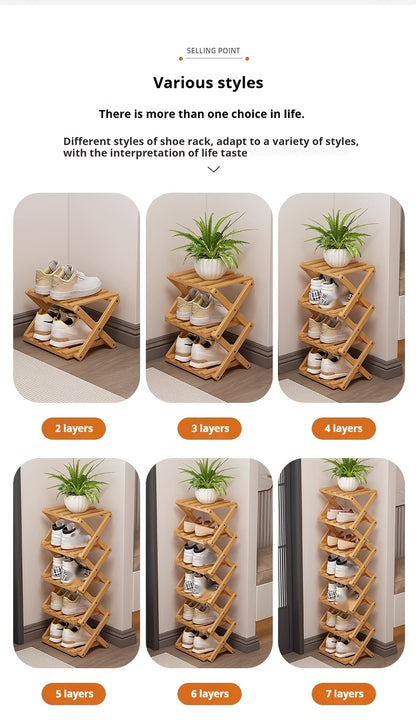 A Foldable Bamboo Shoe Rack, Crafted from High-quality Mountain Bamboo. Available in Multiple Tier Configurations. Sets up and Is Ready to Use Within 20 Seconds. Perfect for Small Spaces Near Home Entrances!