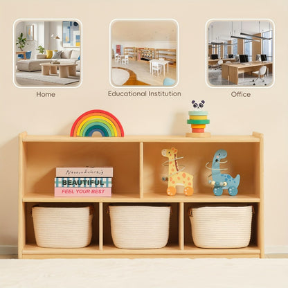 Large Wood Storage Organizer, 2-Shelf Wood Bookshelf, 5-Section Kids Bookshelf, Wooden Storage Cabinet for Classroom, Kids Bookcases And Toddler Shelf for Kids Room, Playroom, Nursery