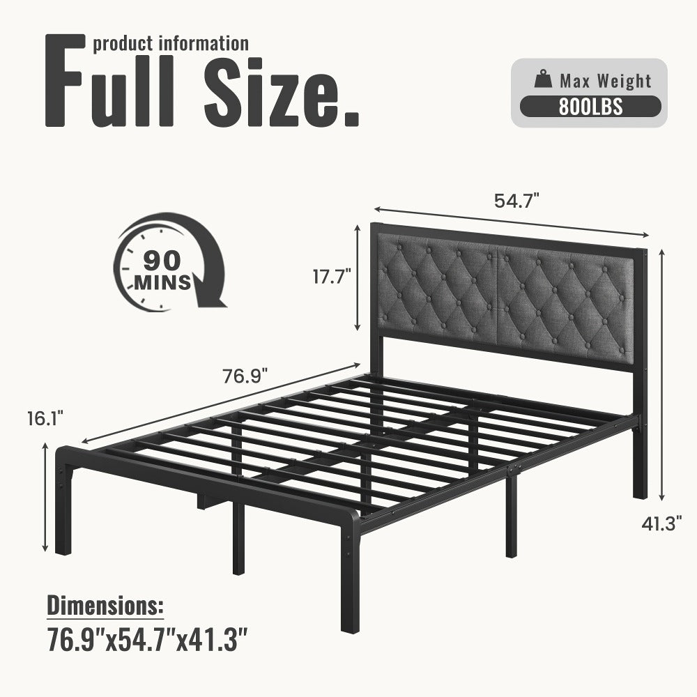Upholstered Platform Bed Frame with Button Tufted Headboard Noise-Free Steel Slats 12.6 Inch Under-Bed Storage No Box Spring Needed Twin Queen Grey