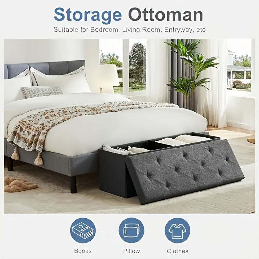 Folding Storage Ottoman Bench with Seat, Heavy Duty Indoor Outdoor Organizer in 15" 30" 43" Sizes, Non-Porous Easy-Clean Surface for Living Room Bedroom Patio Garden Garage, Grey