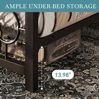 Metal Platform Bed Frame with Vintage Circular Design Headboard and Footboard Under Bed Storage No Box Spring Twin Full Queen King Black Brown