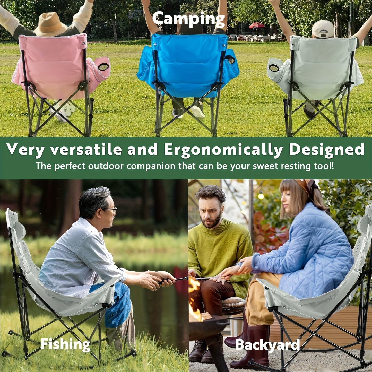 Outdoor Rocking Camping Chair for Adults Heavy Duty, Oversize Portable Folding Rocker Camp, Folding Lawn Chair for Outside Use with Side Pocket, Cup Holder And Cooler Bag