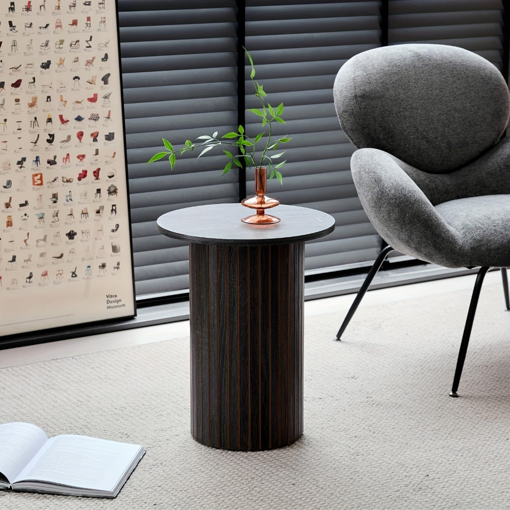 Round Nesting Coffee Tables Set of 2 - Boho Fluted Drum Side Table with Wood Grain Tabletop for Living Room, Bedroom & Apartment