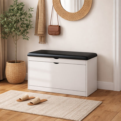 Shoe Cabinet Storage Stool with Hidden Compartment & Thickened Cushion – Compact Entryway Bench for Corridor, Living Room & Door, White & Wood