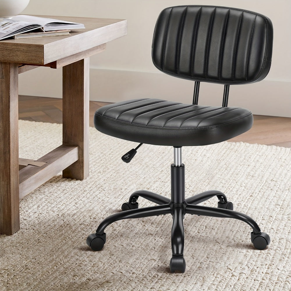 Armless Small Desk Chair with Memory Foam Seat – PU Leather Rolling Task Chair with Low Back Lumbar Support for Vanity, Bedroom, Living Room & Study, Brown, Beige, Black