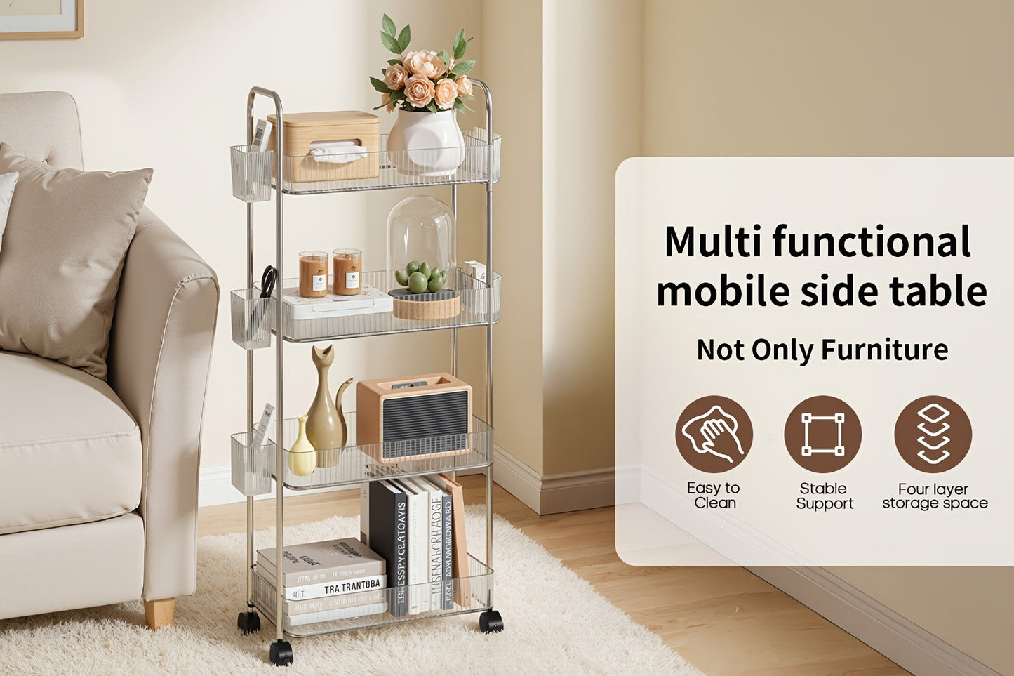 3-Tier Acrylic Rolling Storage Cart with 3 Hanging Boxes - Rolling Bathroom Cart for Cosmetics, Skincare & Snacks, 360° Wheels, Slim Utility Cart Under 27" Height