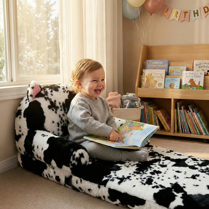 Kids Foldable Sofa Chair, Soft Plush Milk Cow Pattern 2-in-1 Flip Open Children's Lounger, Removable Washable Cover, Lightweight Comfy Animal Chair for Boys & Girls Reading Nook
