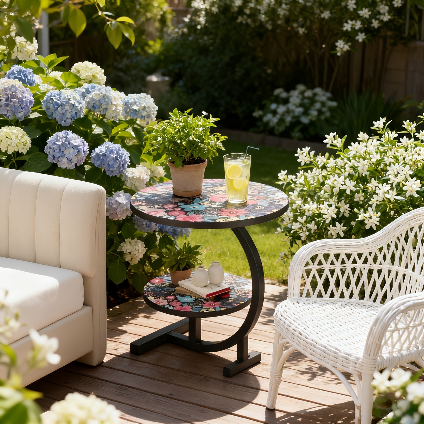 3-in-1 Modern Floral Pattern Multifunctional Courtyard Round Table - Convertible Coffee/side Table/outdoor Furniture, Double-layer Design, Wooden Tabletop And Metal Frame, Suitable for Courtyard, Garden/outdoor Use - Space Saving Circular Design