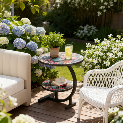 3-in-1 Modern Floral Pattern Multifunctional Courtyard Round Table - Convertible Coffee/side Table/outdoor Furniture, Double-layer Design, Wooden Tabletop And Metal Frame, Suitable for Courtyard, Garden/outdoor Use - Space Saving Circular Design