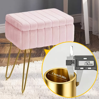 Vanity Storage Ottoman Chair | Makeup Vanity Chair with Metal Legs & Soft Faux Fur Surface, Flip Top Foot Rest with Soft Padded Seat for Bedroom Living Room, Ideal for Moms' Boudoir Glam Station & Bedroom Luxury Organization