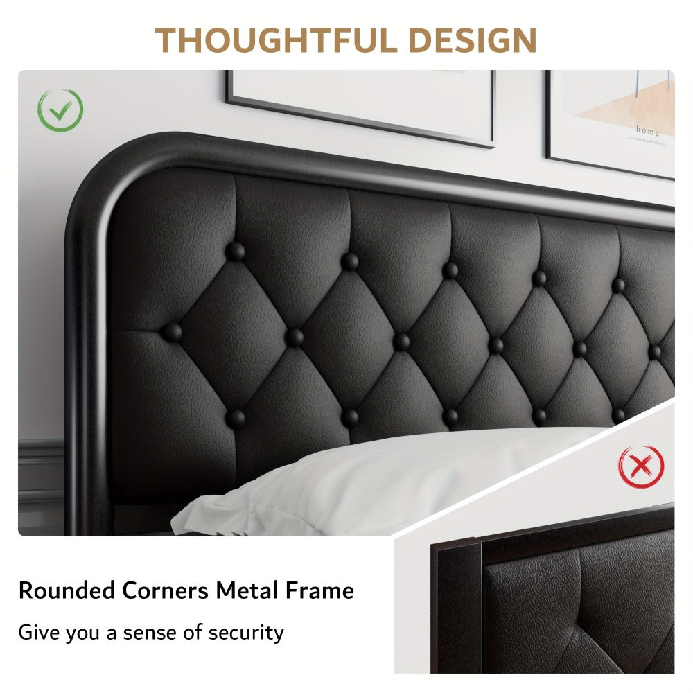 Metal Platform Bed Frame with Faux Leather Headboard Heavy Duty Steel Slats 12 Inch Under Bed Storage Space Easy Assembly Full Queen King Black