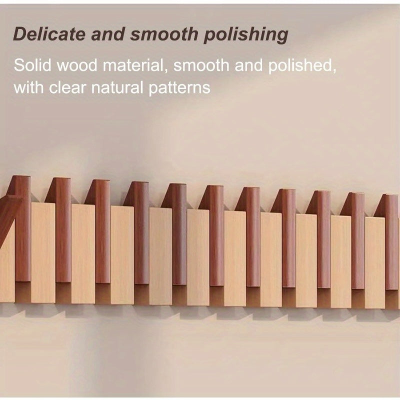 1pc Natural Wood Wall-Mounted Coat Rack with 10 Hooks - Piano-Shaped Accordion Design, Walnut Finish, Space-Saving Vertical Storage for Entryway, Bedroom, Bathroom - Easy Assembly, No Batteries/Electricity, Durable Multi-Purpose Organizer for Coats, Hats,