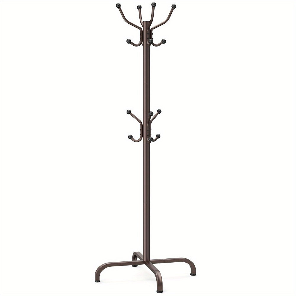 Adjustable Coat and Hat Rack with 14 Hooks and 4 Height Settings, Freestanding Metal Clothes Hanger Stand for Entryway Bedroom Home Office, Holds Hats Coats Bags Outdoor Gear, Brown Natural Wood Finish