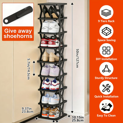 9/6-Tier Shoe Organizer - Comes with a Shoe Horn, Vertical Design, Perfect for Closets, Hallways, Bathrooms, Dorms, Storage And Organization, Stackable Plastic Shoe Organizer, Easy to Assemble