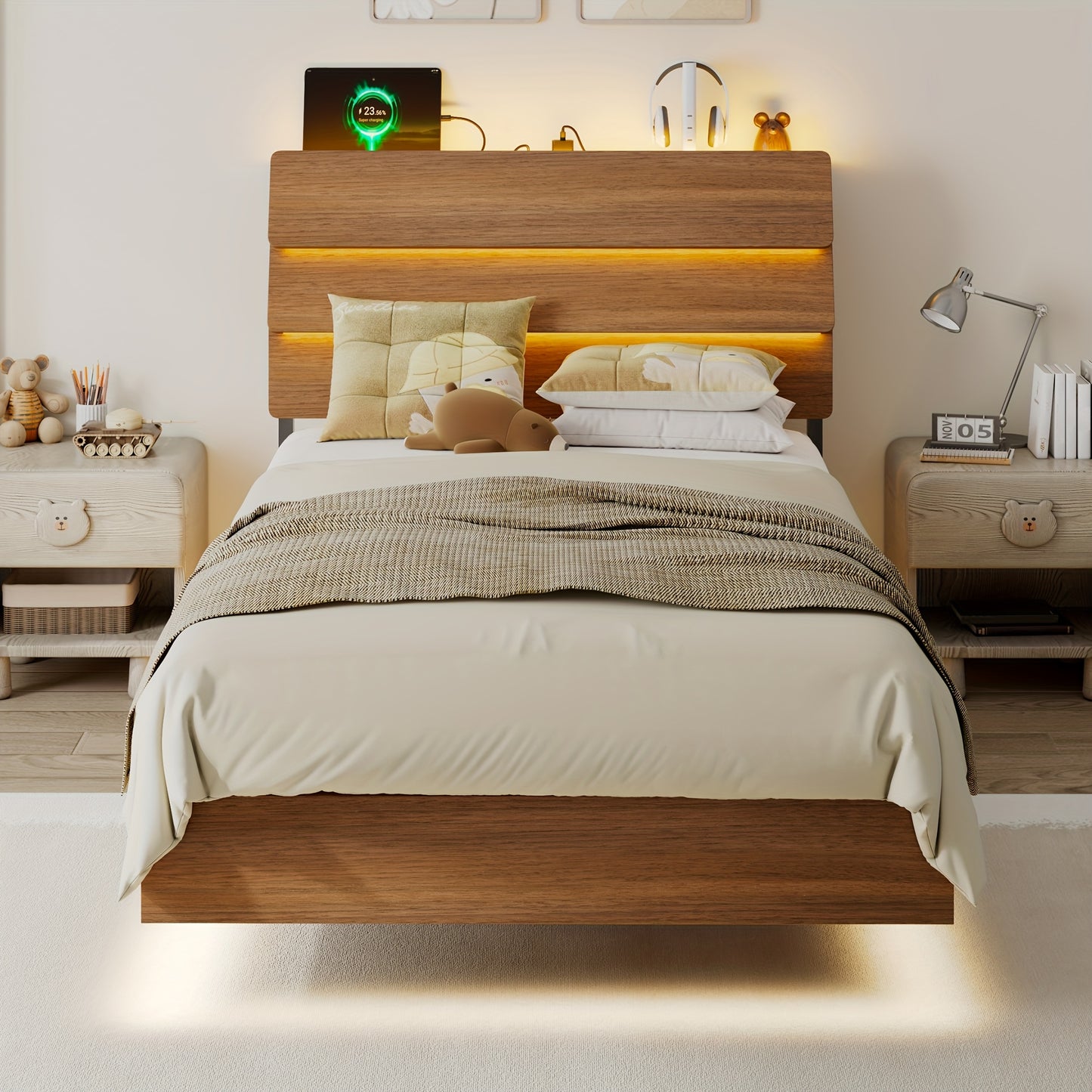 Valnase Floating Bed Frame with LED Lights, with Built-In Charging Station Storage Wooden Headboard, Heavy-Duty Metal Support, Easy Assembly