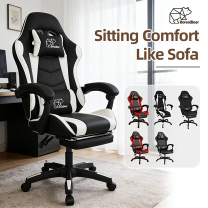 Gaming Chair, Ergonomic High Back Reclining PU Leather Computer Chair, for Adults Teens Office Gaming Use, with Headrest Lumbar Support Fixed Armrest Adjustable Swivel Rolling Footrest Racing Style Multicolor (w/ Footrest/ W/o Footrest)