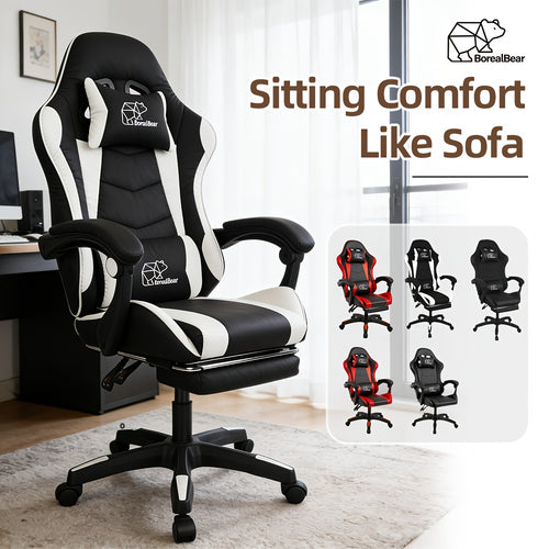 Gaming Chair, Ergonomic High Back Reclining PU Leather Computer Chair, for Adults Teens Office Gaming Use, with Headrest Lumbar Support Fixed Armrest Adjustable Swivel Rolling Footrest Racing Style Multicolor (w/ Footrest/ W/o Footrest)