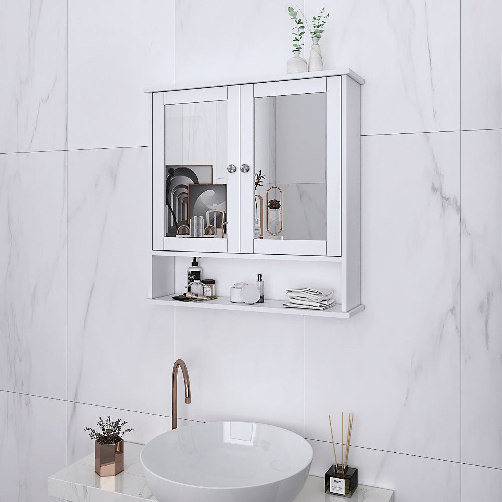 Wall Mounted Bathroom Cabinet with 2 Mirror Doors & Adjustable Shelves White Metal, Space-Saving Medicine Organizer for Bathroom Kitchen Laundry Room 22x22.8 Inch