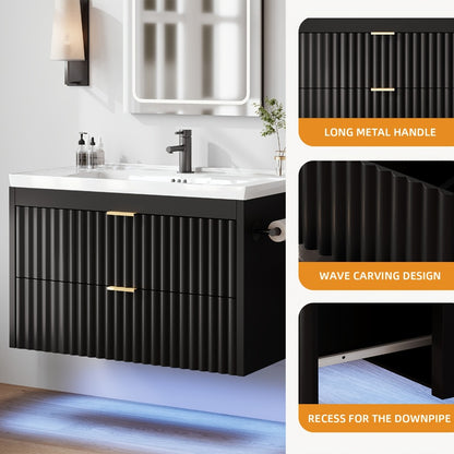 24" 2pcs/1pc Bathroom Vanity with Sink, 24" Floating Bathroom Vanity with LED, 24" with 3-Hole Ceramic Vanity Sink, Wave Line Design, 2pcs Soft-Close Drawers, Wall-Mounted Cabinet for Small Spaces, Black/White